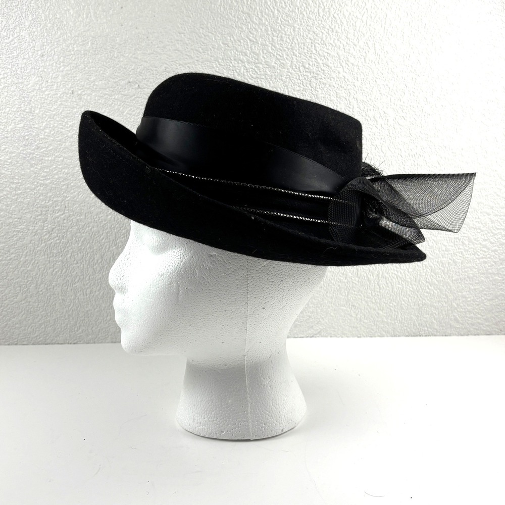 Vintage Wool Felt Hat Womens OS Black Mesh Bow Bead Accent Mid Century MCM